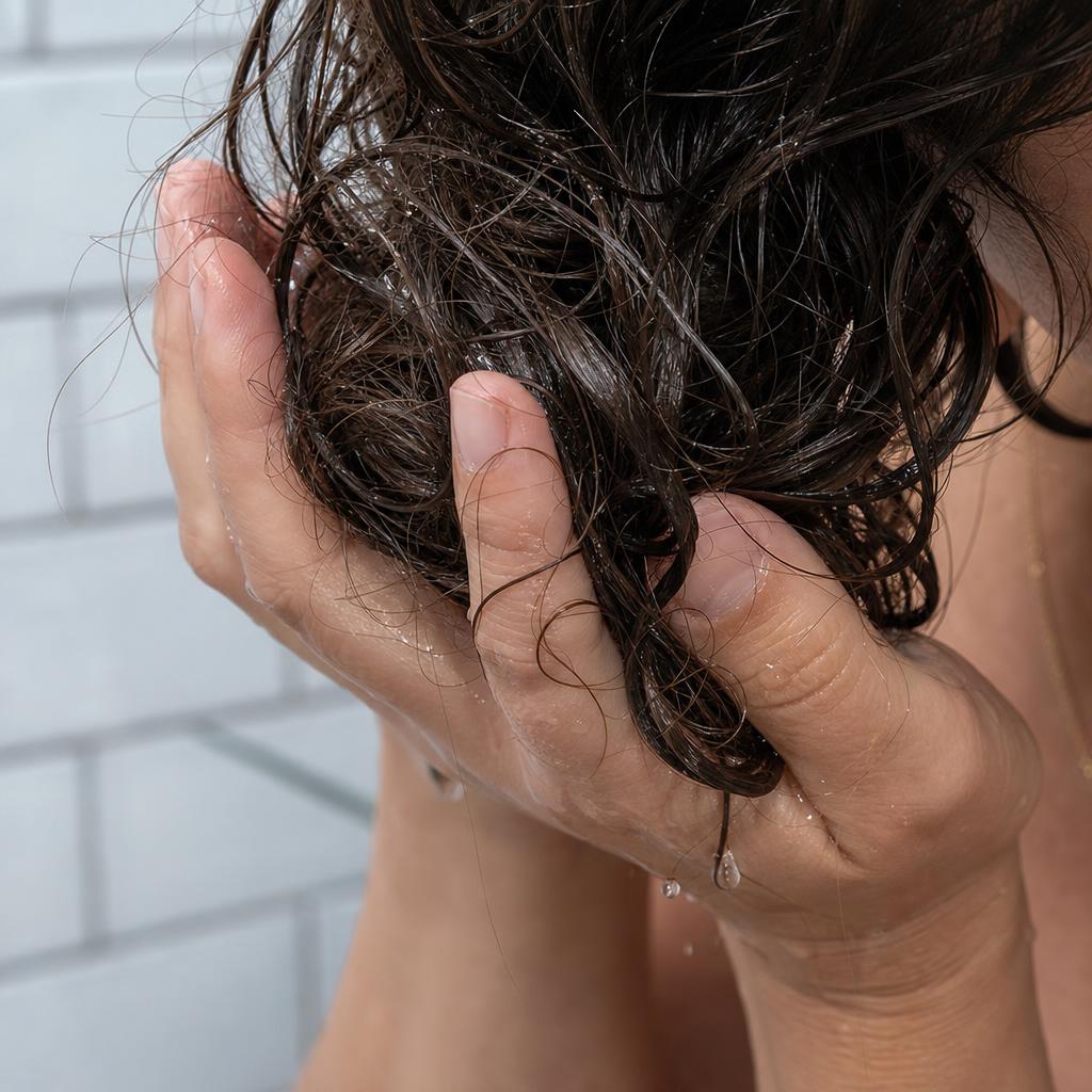 Hands scrunching wet 2A wavy hair upward to encourage wave formation and definition