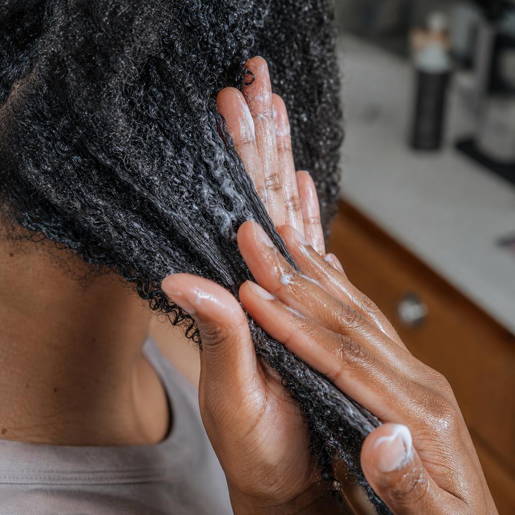 Hands applying leave-in conditioner to wet 4A coily hair using praying hands smoothing technique