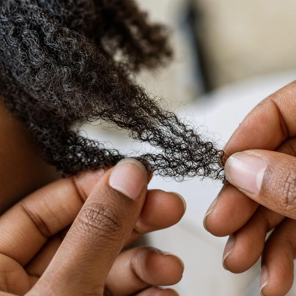 Close-up of fingers gently detangling type 4A coily hair from ends to roots to prevent breakage