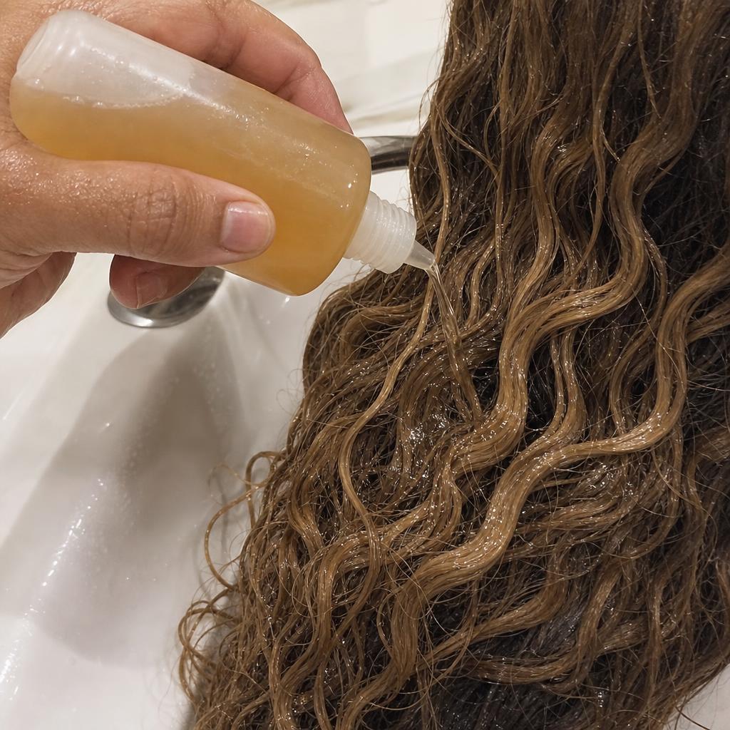 Hands applying apple cider vinegar rinse to wet wavy 2C hair from a squeeze bottle