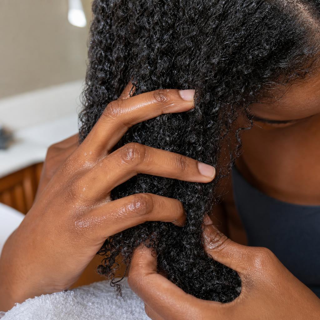 Hands scrunching apple cider vinegar rinse through 4B coily hair to distribute product