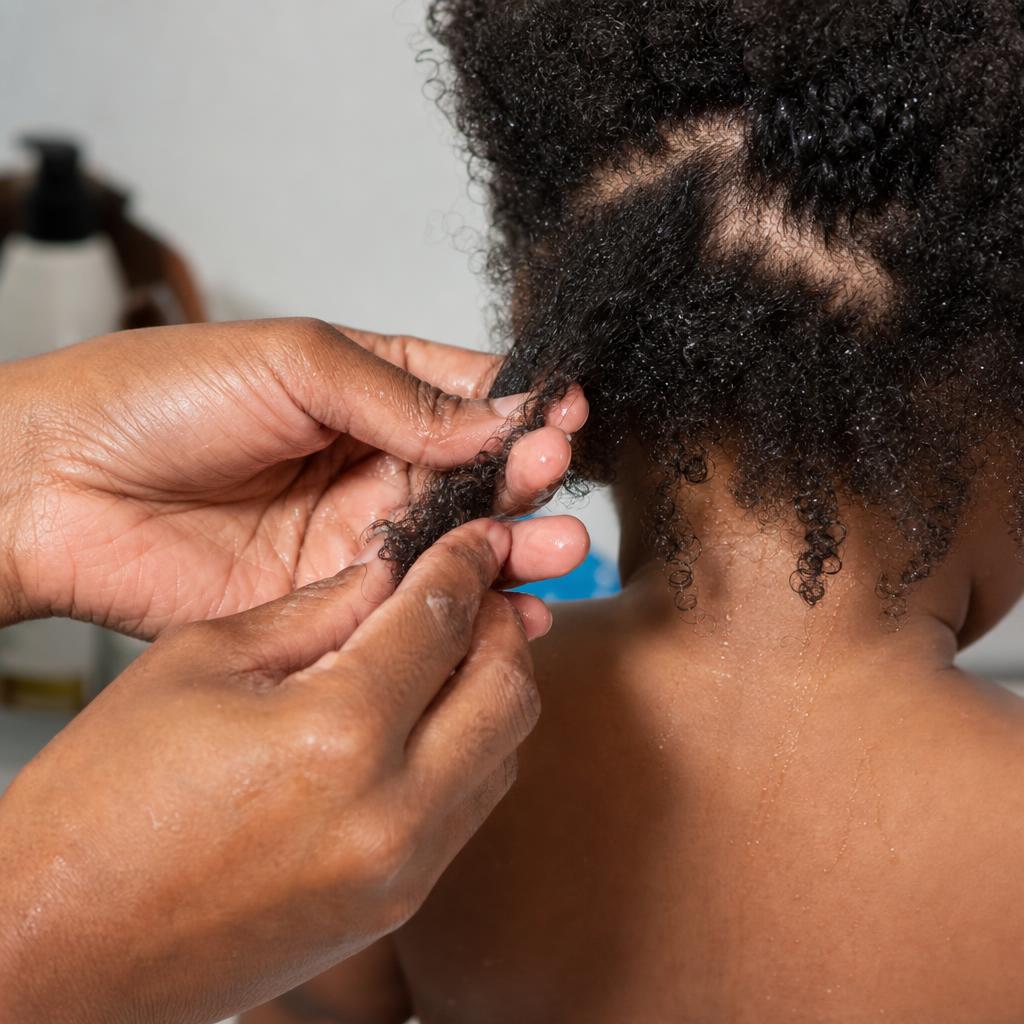 Parent gently finger-detangling baby's type 4a coily hair using gentle sectioning technique