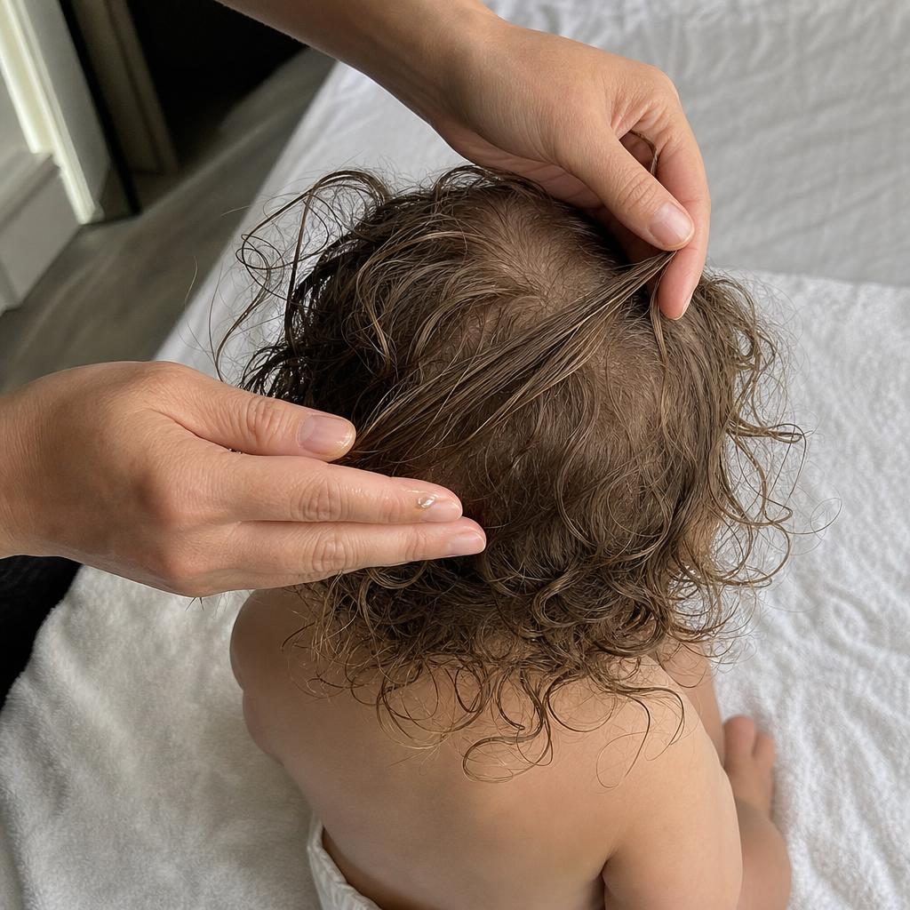 Applying natural moisturizing oil to baby's type 2c wavy hair ends with gentle technique