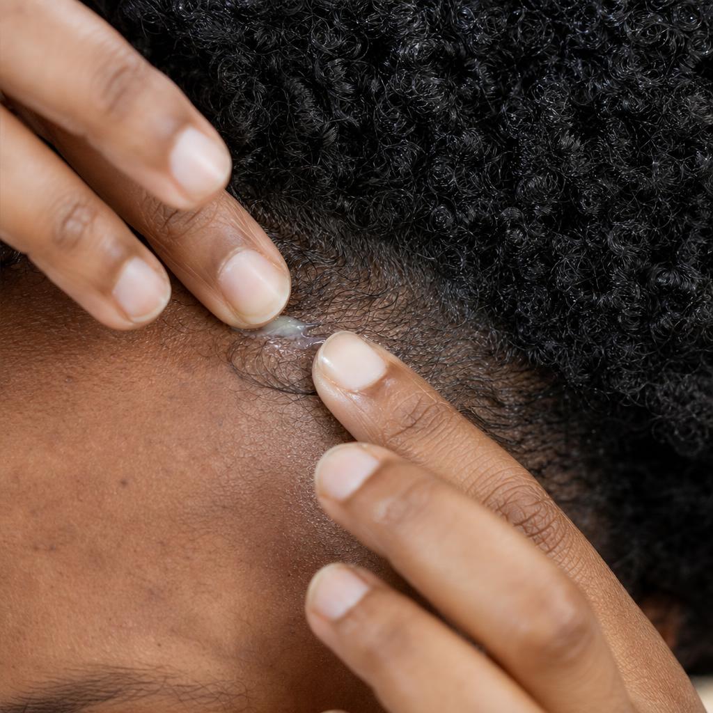 Hands smoothing beeswax balm along 4B hairline to tame baby hairs and flyaways