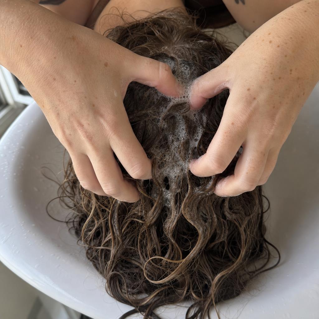 Clarifying shampoo being worked through wavy hair to remove product buildup at the roots