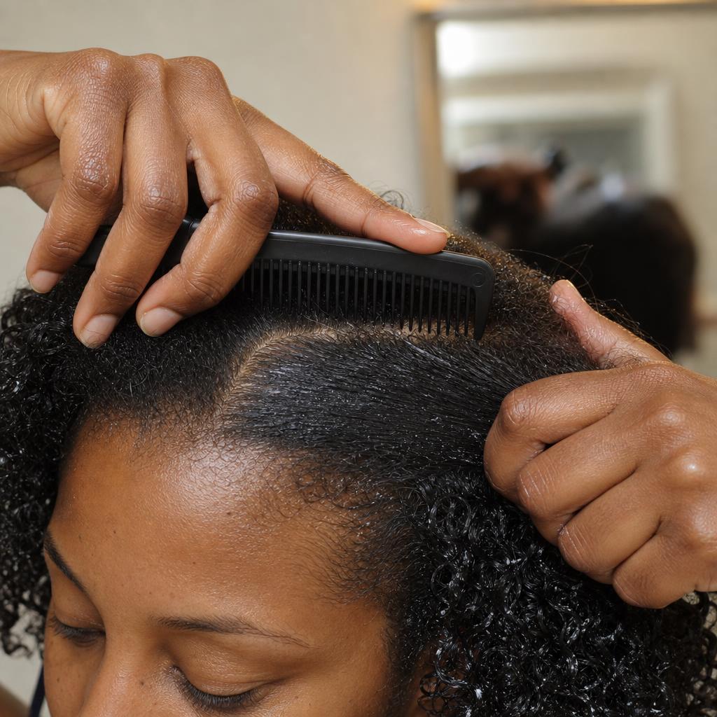 Hands using a wide-tooth comb to section 4A curls for a crown braid, showing the horizontal parting technique