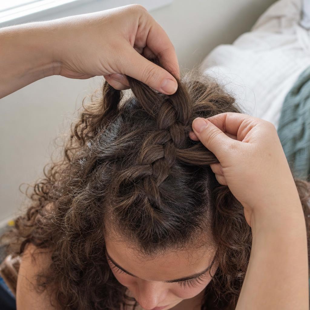 Close-up of hands braiding 2C wavy hair into a crown braid, showing the crossing technique and natural texture