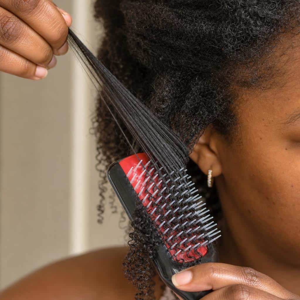 Using a Denman brush to define 4A coils in a short curly bob