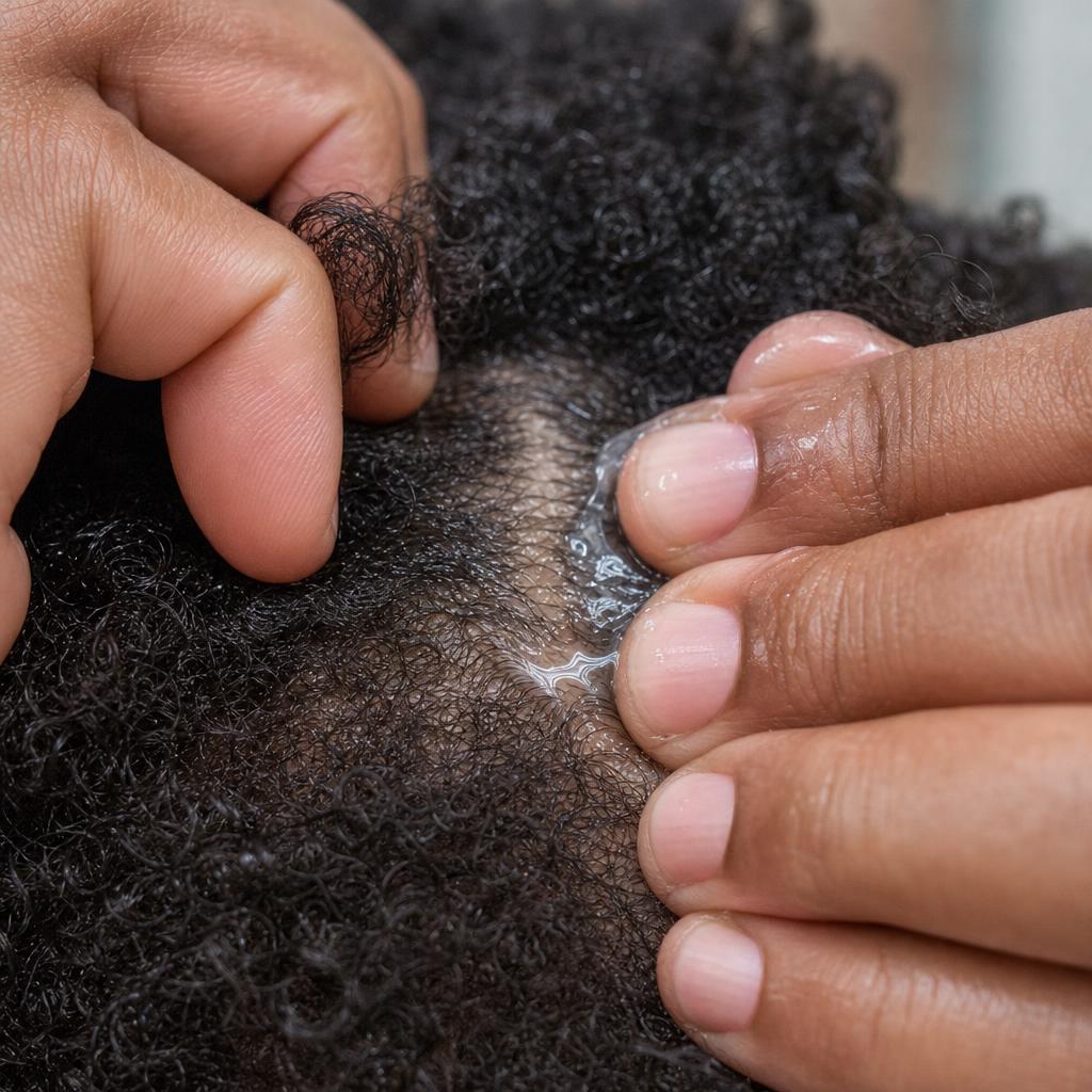 Hands applying glycolic acid treatment directly to scalp on type 4a hair