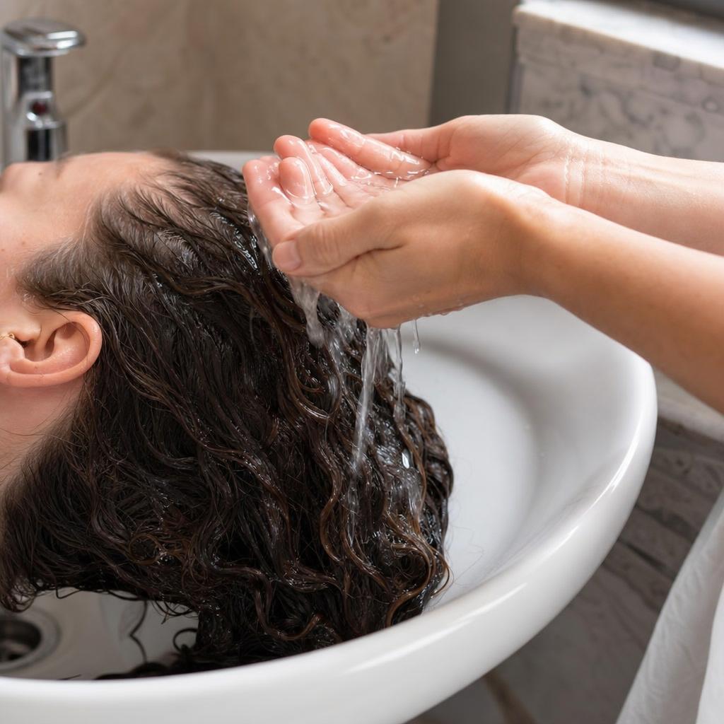 Rinsing glycolic acid treatment from wavy hair at the sink