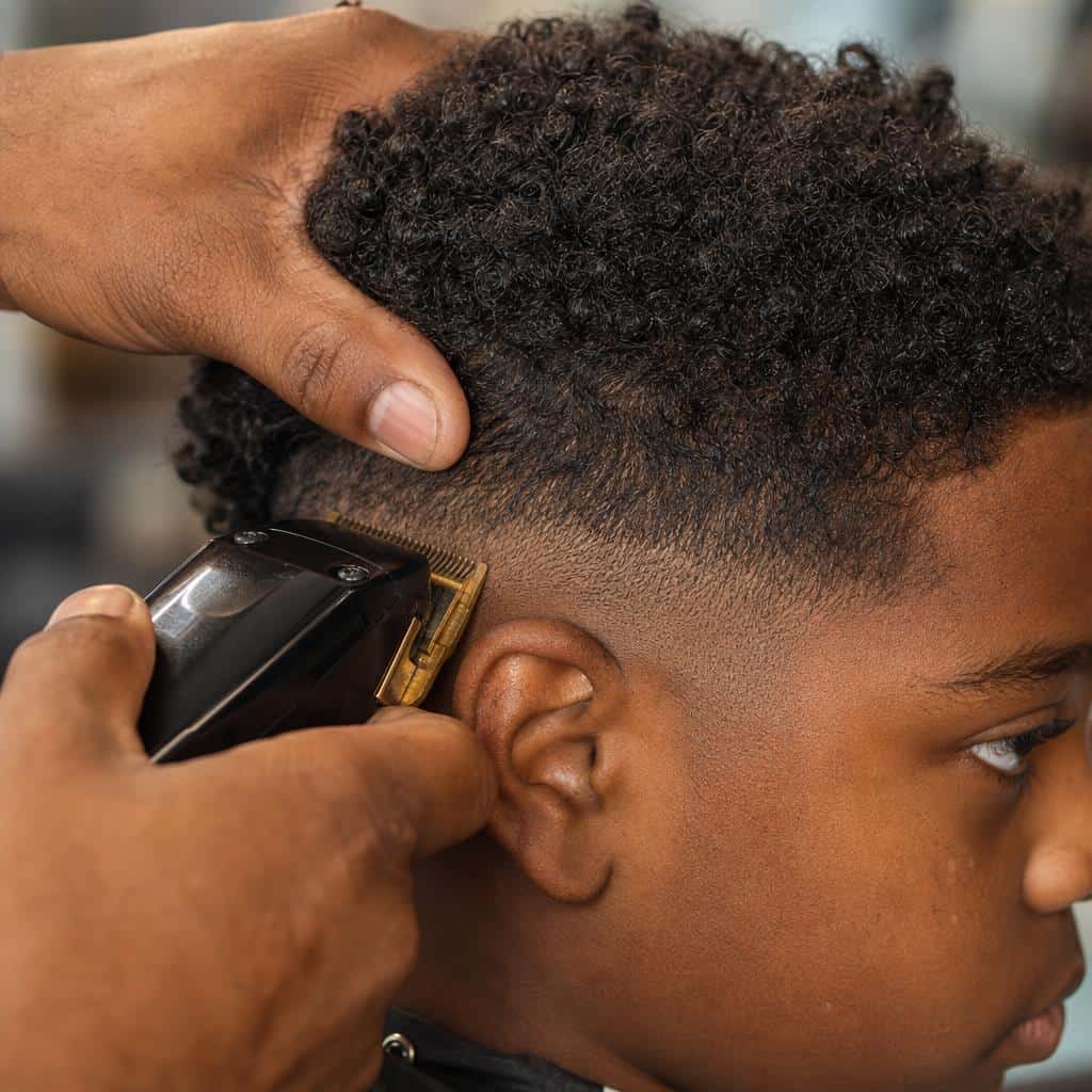 Barber creating a low fade on boy with 4A curly hair using clippers