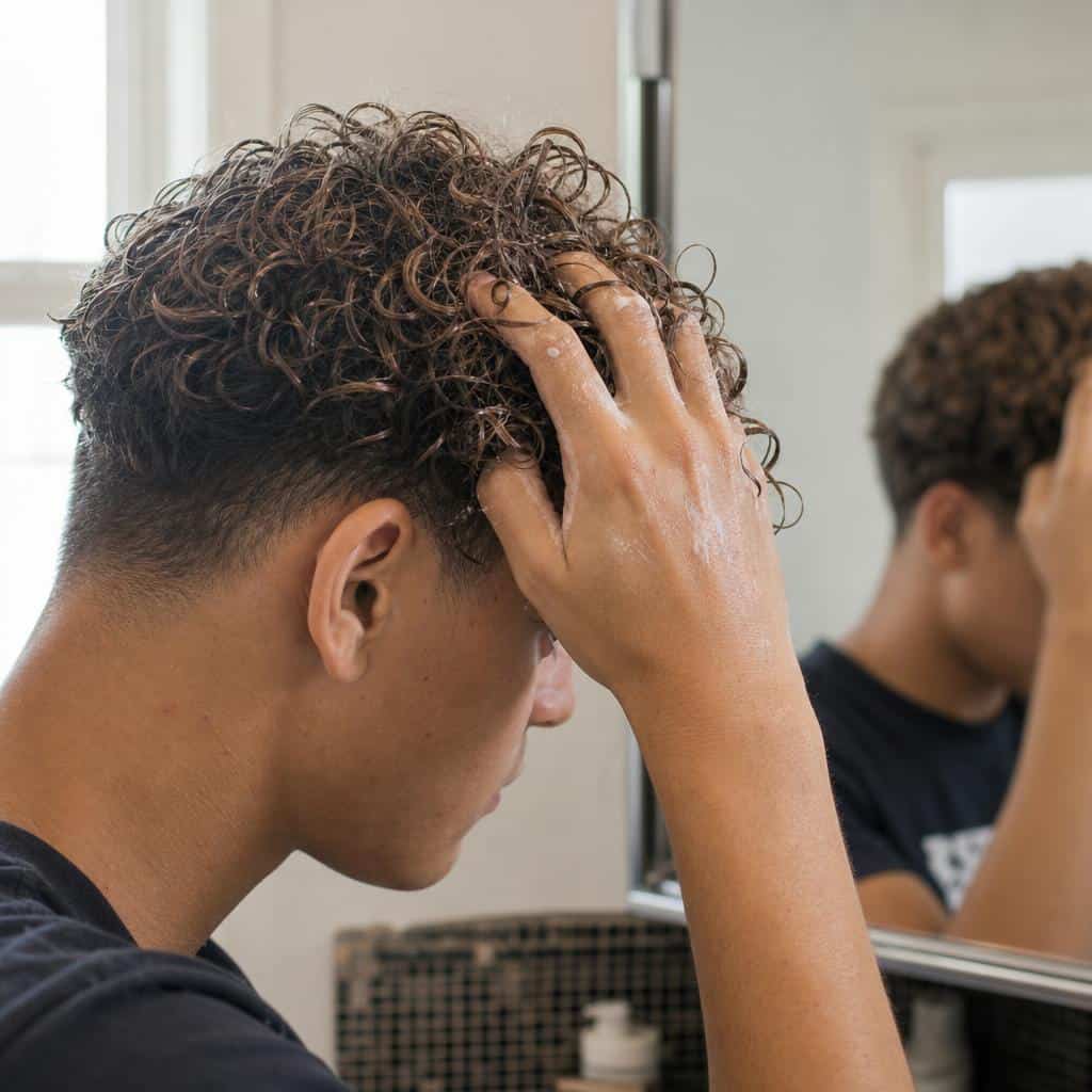 Teen applying curl cream to 3A curls with scrunching technique