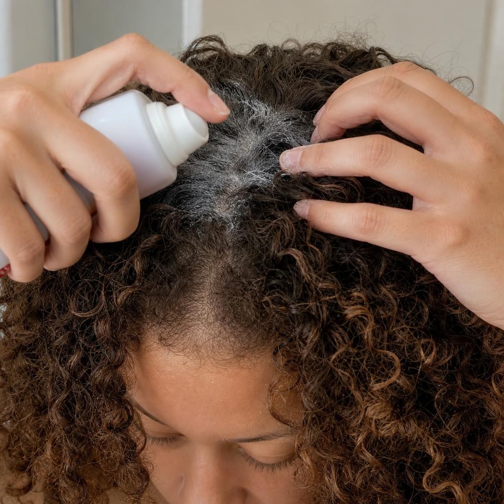Hands applying dry shampoo directly to oily scalp on 3A curly hair