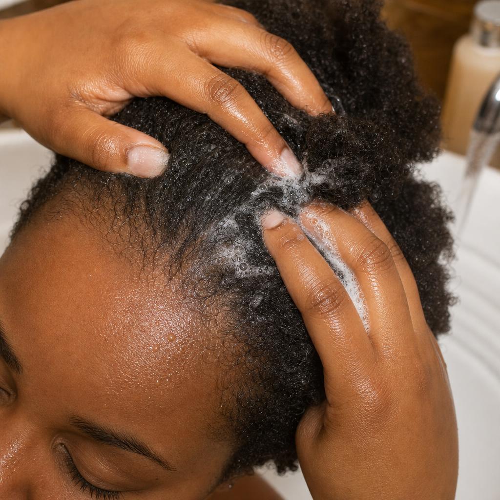 Scalp-only shampooing technique on 4B coily hair to remove excess oil