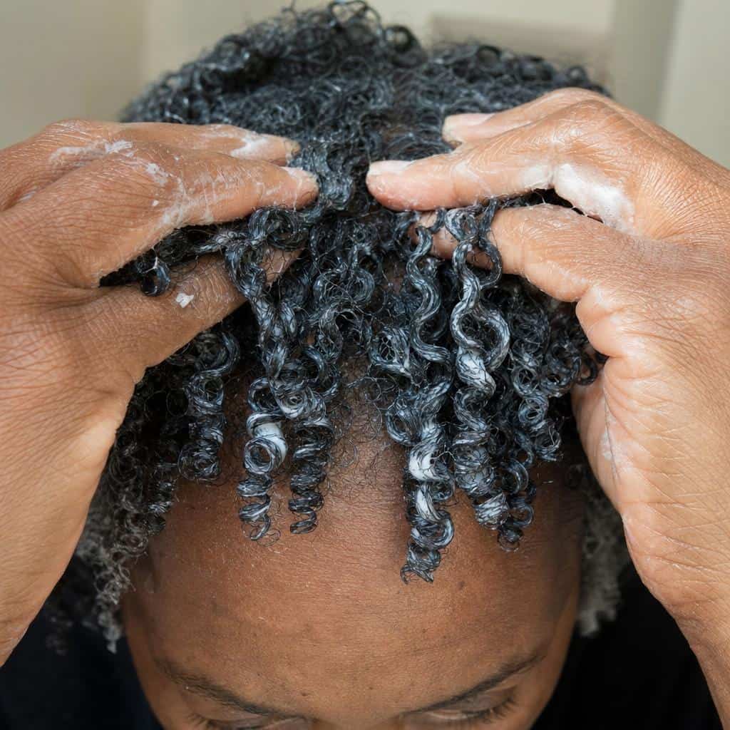 Hands scrunching styling product into short 3C curls demonstrating proper application technique