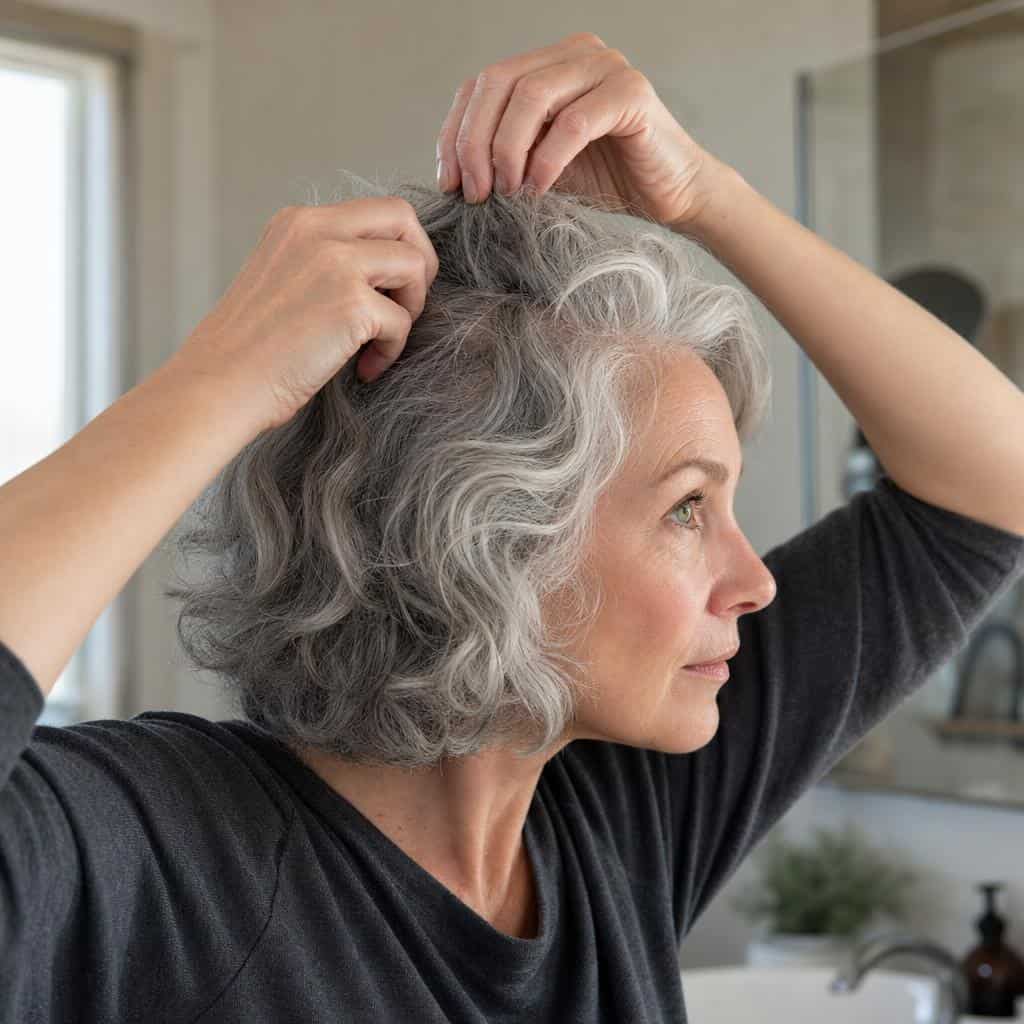 Mature woman with short 2C waves demonstrating root-lifting technique for volume